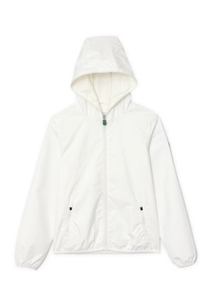 Giacca bianca leggera con cappuccio, chiusura con zip, polsini elasticizzati e due tasche frontali; presenta una texture liscia e un design semplice.