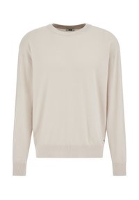 Pull beige clair en tissu tricoté doux. Il présente un col rond, des épaules tombantes, ainsi que des poignets et un ourlet côtelés.