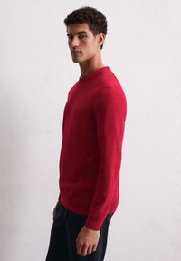 Roter Strickpullover mit Rundhalsausschnitt, langen Ärmeln und strukturierter Oberfläche, kombiniert mit schwarzen Hosen. Keine auffälligen Muster oder Hardware.