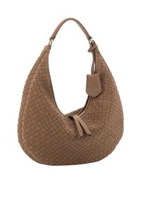 Brown woven handbag with a rounded shape, smooth texture, and a zip closure. Features a short shoulder strap and a small tag.