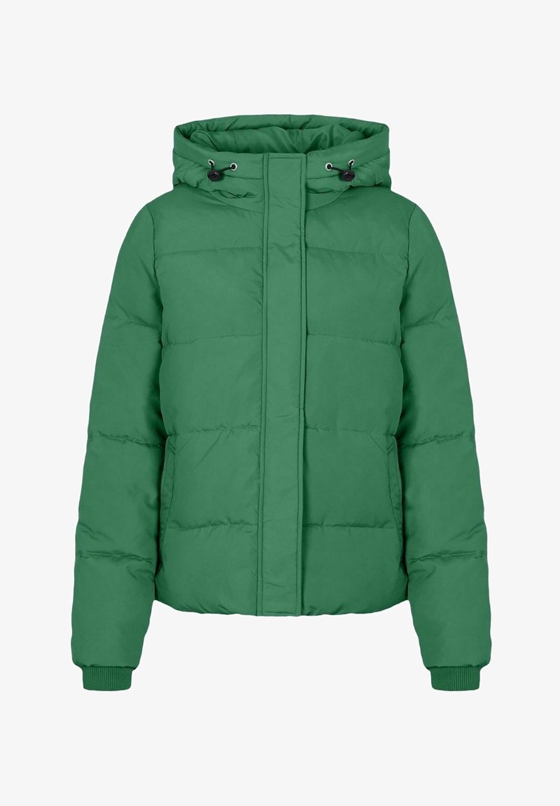 Veste matelassée verte avec capuche, fermeture éclair avant recouverte par un rabat, cordons réglables sur la capuche et poignets côtelés aux manches.