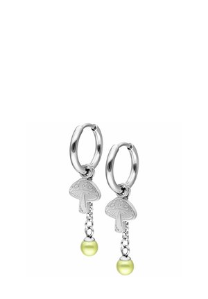 Silver hoop earrings with mushroom-shaped charms and small dangling light green pearl beads.