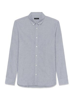 Hele sinine nööpidega pikkade varrukatega pluus pehmest puuvillast, millel on terav krae ja kogu esiosa kattev nööpide rida.