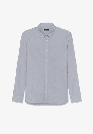 Hele sinine nööpidega pikkade varrukatega pluus pehmest puuvillast, millel on terav krae ja kogu esiosa kattev nööpide rida.