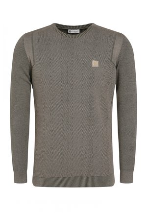 Gray textured sweater with a herringbone pattern, crew neckline, long sleeves, and ribbed cuffs. Features a small square logo on the chest.