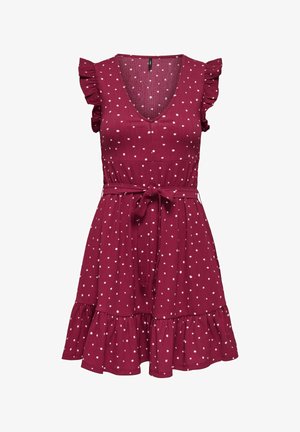 Burgundy dress with white polka dots, V-neck, ruffled sleeves, fitted waist, and a flared skirt featuring a subtle tiered hem and matching belt.