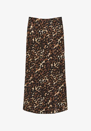 Midi-rok met luipaardprint met een zijdezachte textuur, een kleurenpalet van bruin en beige, en een gladde, rechte silhouet met een lichte uitloop aan de onderkant.