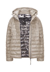 Helle beige Pufferjacke mit einem Reißverschluss vorne, abnehmbarem Kapuzen und gestepptem Design. Die Innenseite verfügt über ein glänzendes, reflektierendes Futter.