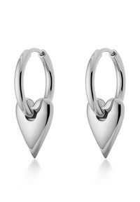 Silver hoop earrings featuring heart-shaped accents, polished finish, smooth texture, and secure hinge closure.