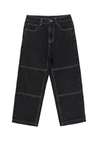 Pantaloni ampi in denim nero con cuciture bianche a contrasto e tasche frontali, dotati di chiusura classica con bottone e zip.