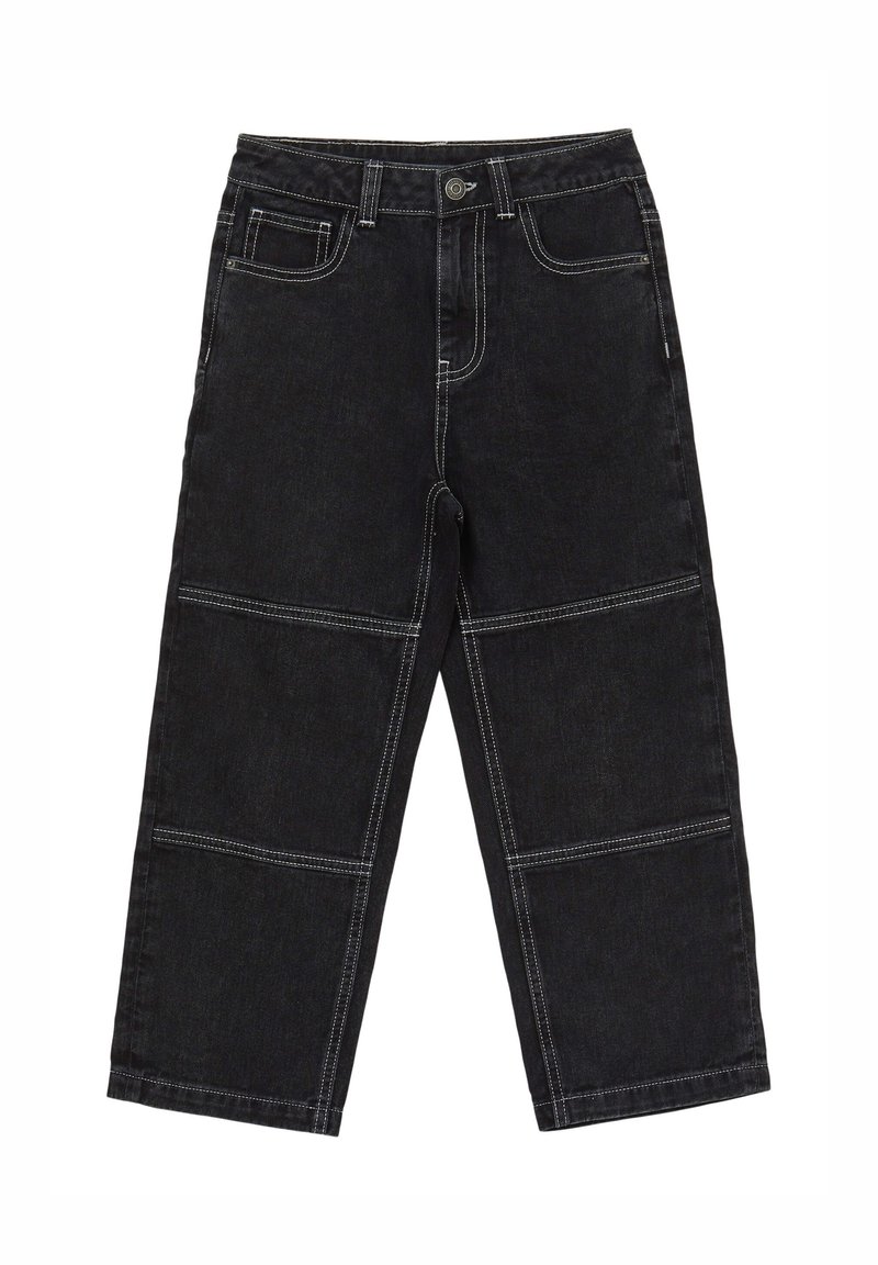 Pantaloni ampi in denim nero con cuciture bianche a contrasto e tasche frontali, dotati di chiusura classica con bottone e zip.