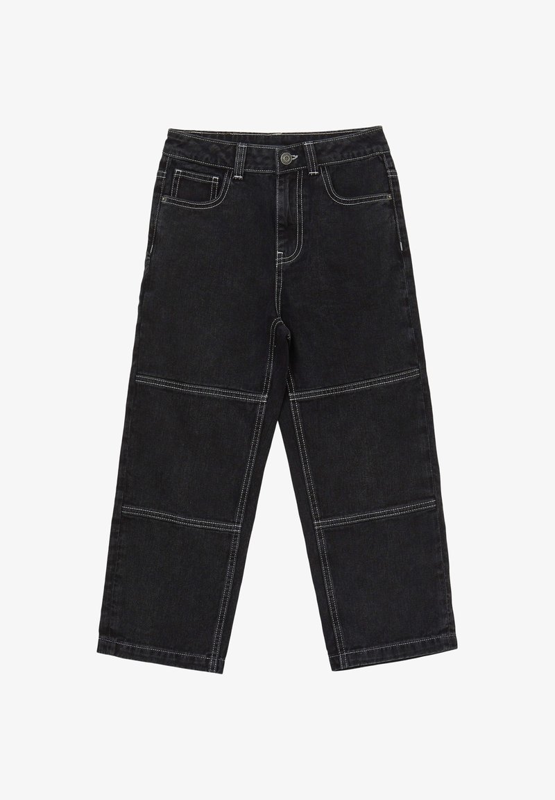 Pantaloni ampi in denim nero con cuciture bianche a contrasto e tasche frontali, dotati di chiusura classica con bottone e zip.