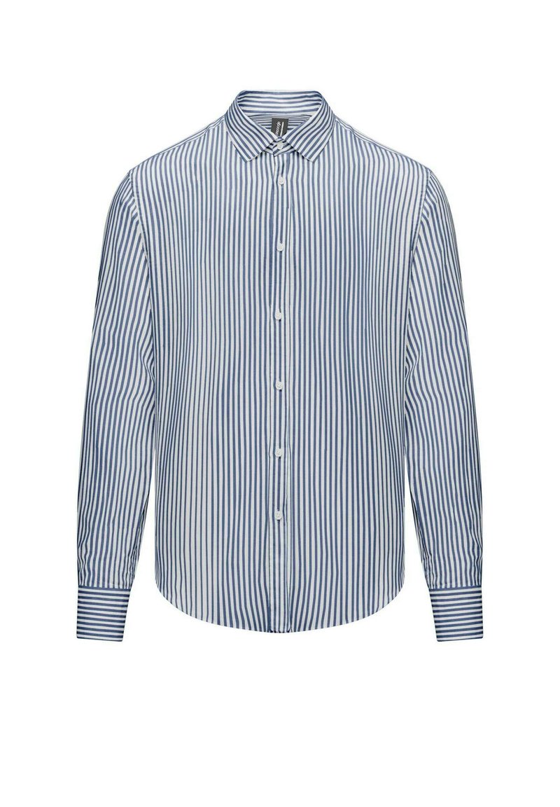 Camicetta a maniche lunghe blu e bianca a righe, con bottoni sul fronte, colletto classico, orlo dritto e polsini a righe a contrasto.