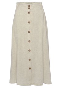 Beige linen skirt with a mid-length design, featuring a straight shape, elastic waistband, and seven brown buttons down the front.