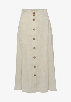 Beige linnen rok met een middellange ontwerp, met een rechte vorm, elastische tailleband en zeven bruine knopen aan de voorkant.