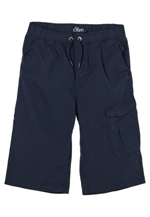 Mörkblå cargo-shorts i lättviktsmaterial, med ett elastiskt midjeband med dragsko, sidofickor och en cargoficka.