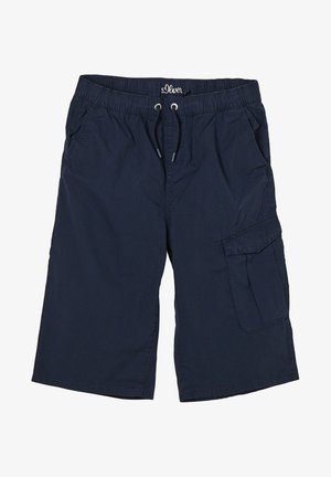 Granatowe szorty cargo wykonane z lekkiego materiału, z elastycznym paskiem w talii i sznurkiem do regulacji, bocznymi kieszeniami oraz kieszenią cargo.