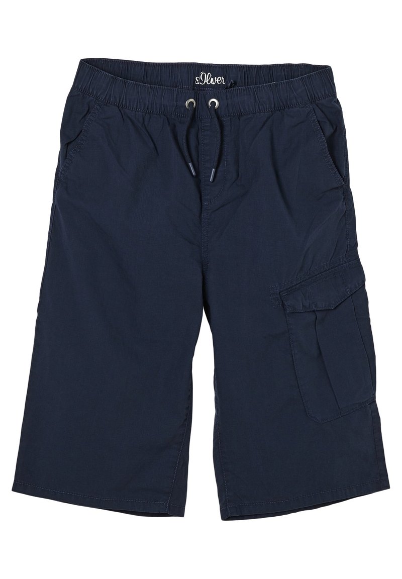 Námořnické modré cargo šortky vyrobené z lehkého materiálu, s elastickým pasem na šňůrku, bočními kapsami a cargo kapsou.