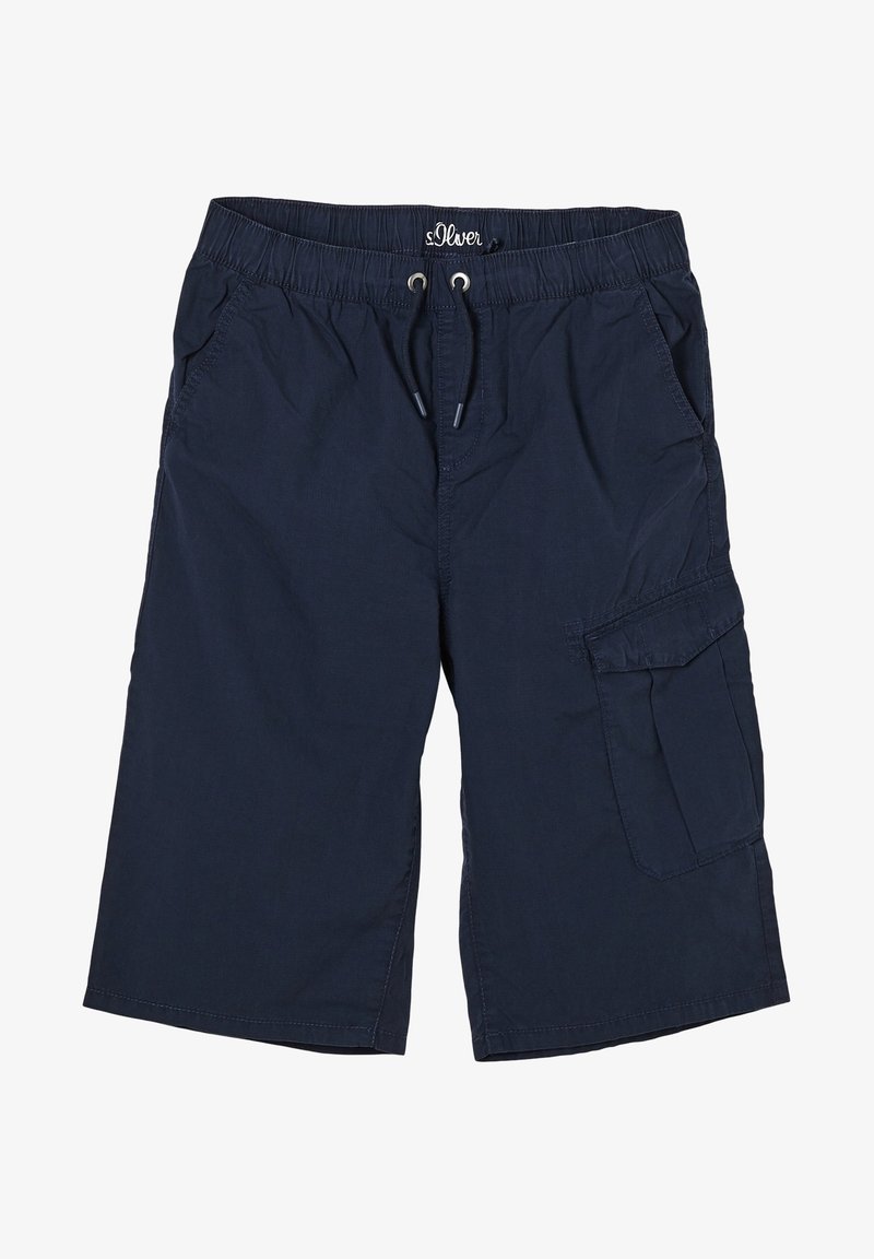 Námořnické modré cargo šortky vyrobené z lehkého materiálu, s elastickým pasem na šňůrku, bočními kapsami a cargo kapsou.