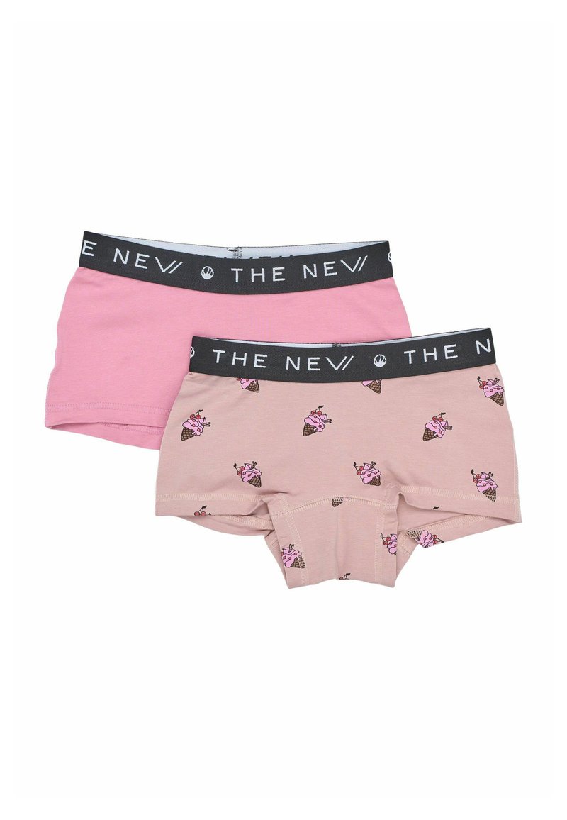 Due coppie di boxer in stile femminile, una rosa tinta unita e una rosa con motivo a cono gelato, entrambe con elastico nero riportante "THE NEV".