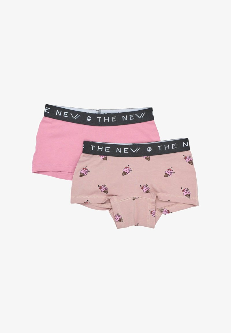 Due coppie di boxer in stile femminile, una rosa tinta unita e una rosa con motivo a cono gelato, entrambe con elastico nero riportante "THE NEV".