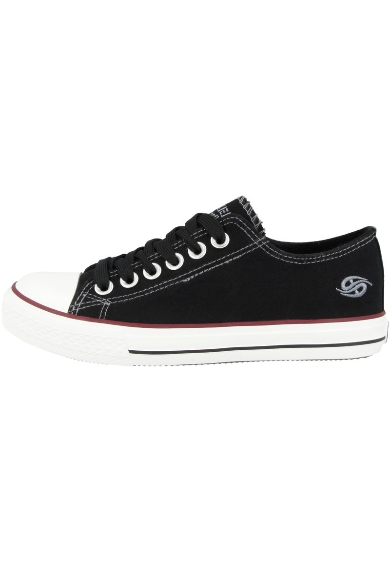 Schwarze Leinenschuhe mit weißer Gummikappe, schwarzen Schnürsenkeln, roten und weißen Sohlenakzenten und gesticktem Logo an der Seite.