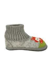 Gray felt slipper with a ribbed knitted cuff, featuring a whimsical red fox design and green accent on the toe. Soft texture and lightweight.