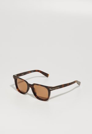 Brown tortoiseshell sunglasses with rectangular lenses, metal accents on the temples, and a textured finish on the arms.