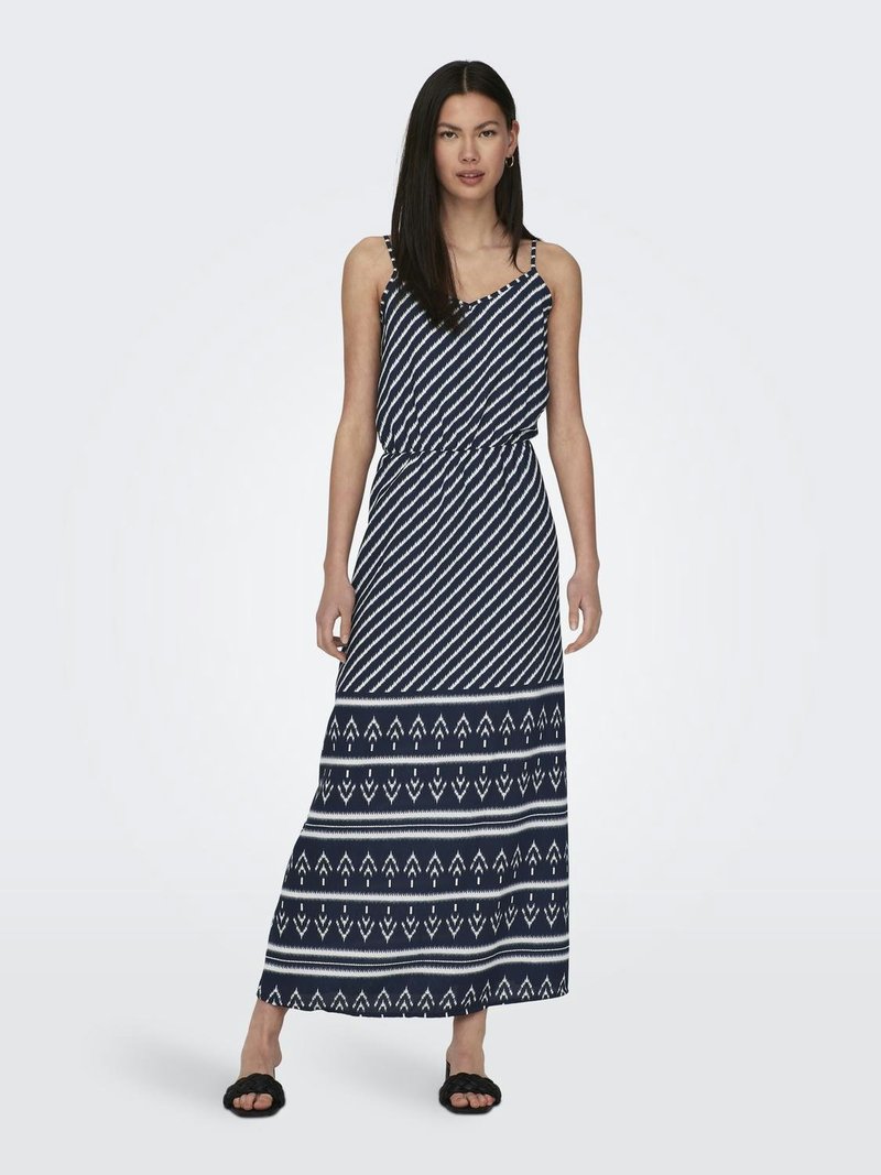 Maxi obleka v mornarsko modri barvi z belimi diagonalnimi črtami in geometrijskimi vzorci. Obleka brez rokavov z oprijetim pasom in nastavljivimi naramnicami.