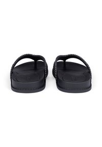 Black flip-flops with two braided straps, a textured footbed, and a smooth sole, featuring a minimalist design and no visible hardware.