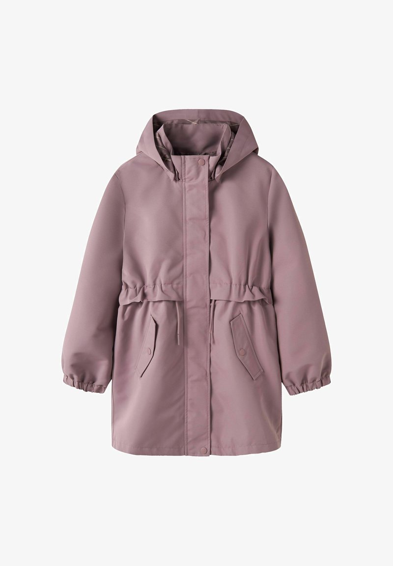 Rosa wasserdichte Parka mit Kapuze, tailliertem Schnitt, elastischen Bündchen und zwei Fronttaschen. Glatte Textur und Druckknopfverschluss auf der Vorderseite.