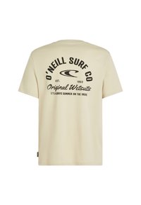 Crèmekleurig katoenen T-shirt met korte mouwen, voorzien van zwarte graphics: "O'Neill Surf Co" en "Original Wetsuits" op de rug.