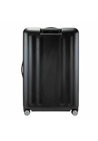 Schwarzer Hartschalenkoffer mit glatter Oberfläche, ausgestattet mit einem ausziehbaren Griff, vier Rollen und einem minimalistischen Design.