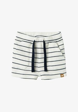 Pantaloni corti a righe in crema e blu scuro, realizzati in tessuto testurizzato. Presentano due tasche laterali e una vita regolabile con cordoncino.