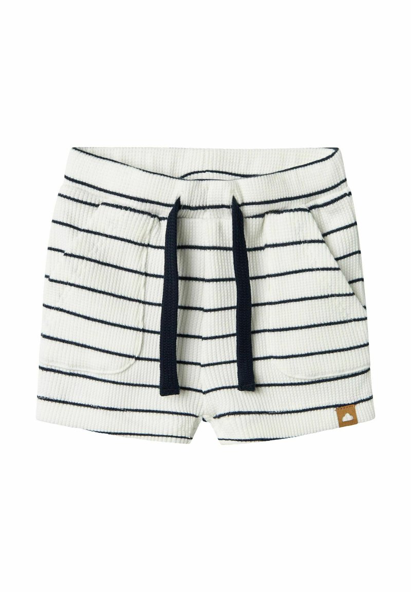Pantaloni corti a righe in crema e blu scuro, realizzati in tessuto testurizzato. Presentano due tasche laterali e una vita regolabile con cordoncino.