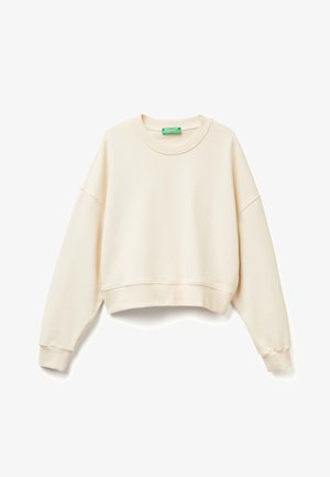 Crème-kleurige cropped sweatshirt gemaakt van zachte stof. Heeft een brede halslijn, lange mouwen, geribbelde manchetten en een subtiele geborduurde logodetail.