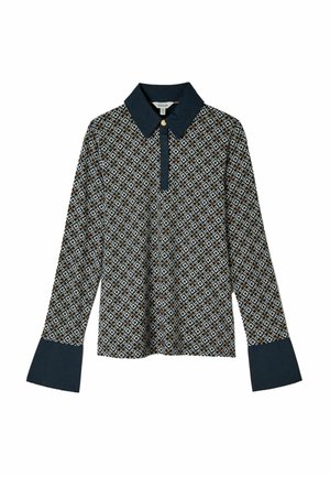 Long-sleeve shirt in dark blue with a patterned body featuring diamond shapes in cream, brown, and orange, and a solid collar and cuffs.
