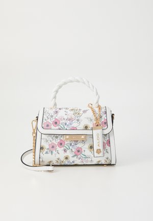 Hvit håndveske med blomsterprint i rosa, gult og grønt. Har en flettet hvit håndtert, gullfarget detaljer og en avtagbar kjede-reim.
