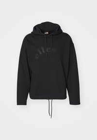 Sudadera negra hecha de tela suave, con capucha ajustable, bolsillo tipo canguro y logotipo en relieve en el pecho. Corte holgado y mangas largas.