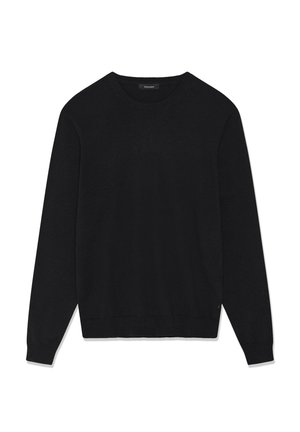 Mustast kangast pika varrukaga ümarseljaga kampsun soonikkoes varrukate ja äärega, tasapinnal valgel taustal.