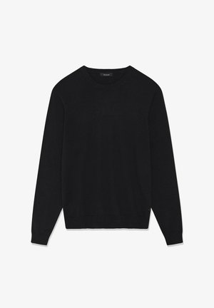 Mustast kangast pika varrukaga ümarseljaga kampsun soonikkoes varrukate ja äärega, tasapinnal valgel taustal.