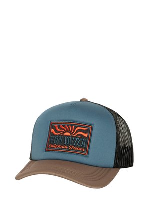 Casquette trucker bleue et noire avec un visière marron, ornée d'un design de soleil brodé orange et du texte "Von Dutch California Dream".