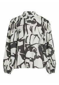 Camisa con estampado en blanco y negro, cuello doblado, botones en la parte delantera y mangas abullonadas, hecha de una tela ligera. Diseño de figuras y formas abstractas.