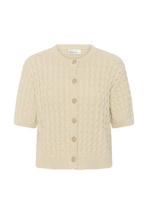 Beežika kaabelmustriga lühikeste varrukatega kardigan ümmarguse kaelusega, kuue ees oleva nööbi, soonikkoes mansettide ja äärega.