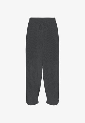 Zwarte casual broek met elastische tailleband en trekkoord, met een rechte, losse pasvorm en enkellange snit.