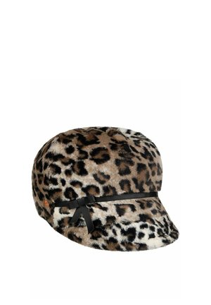 Leopard print faux fur cap with a short brim and a thin black ribbon tied in a bow on the side.