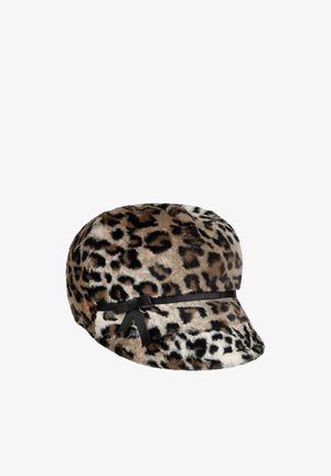Leopard print faux fur cap with a short brim and a thin black ribbon tied in a bow on the side.