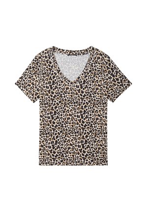 Short-sleeve V-neck T-shirt with all-over leopard print pattern in black, brown, and beige tones on a light background.