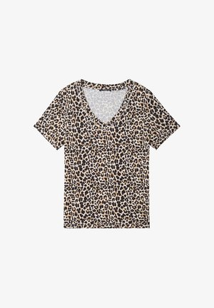 Short-sleeve V-neck T-shirt with all-over leopard print pattern in black, brown, and beige tones on a light background.
