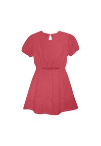Abito rosso a maniche corte con schiena a forma di occhio di bue, vita arricciata e orlo scallop. Presenta un motivo floreale impresso nella trama del tessuto.